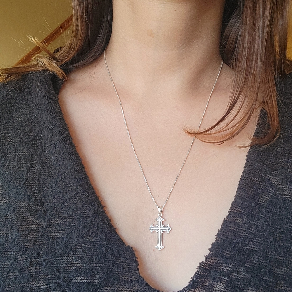 New Solid 925 Sterling Silver Ornate Cross Necklace - Picture 12 of 16